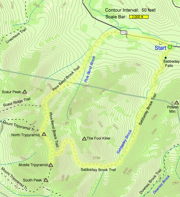 Trail map of hike route to Middle Tripyramid and North Tripyramid in the Sandwich Range Wilderness (map by Webmaster)