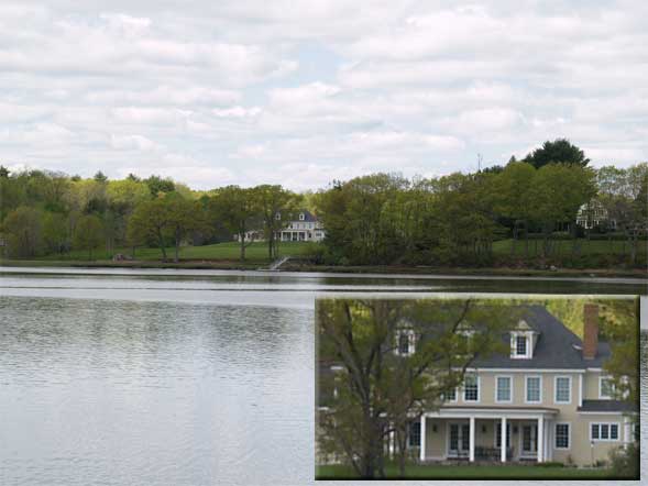 View of Oyster River from the woods trail.  Inset is a close-up of the house across the river. (photo by Webmaster)