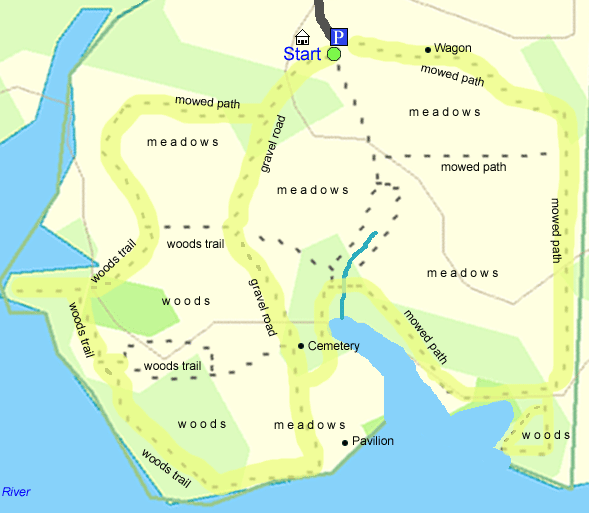 Trail map of hike route at Wagon Hill Farm (map by Webmaster)