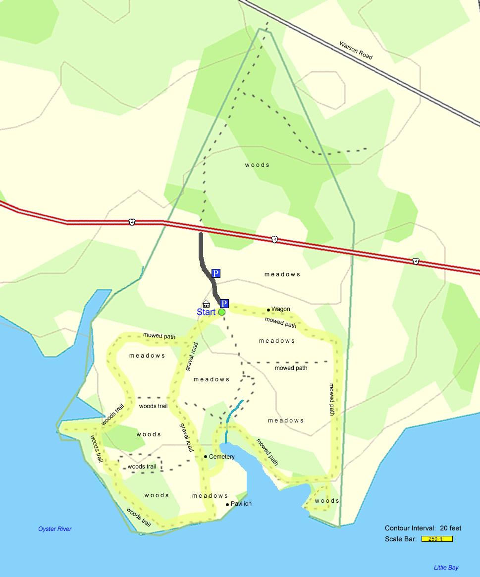 Trail map of hike route at Wagon Hill Farm (map by Webmaster)