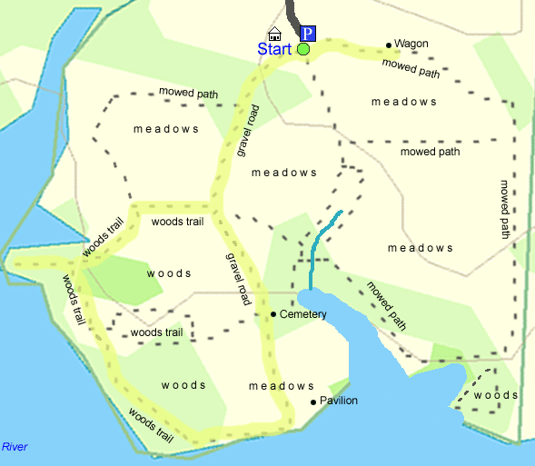 Trail map of hike route at Wagon Hill Farm (map by Webmaster)