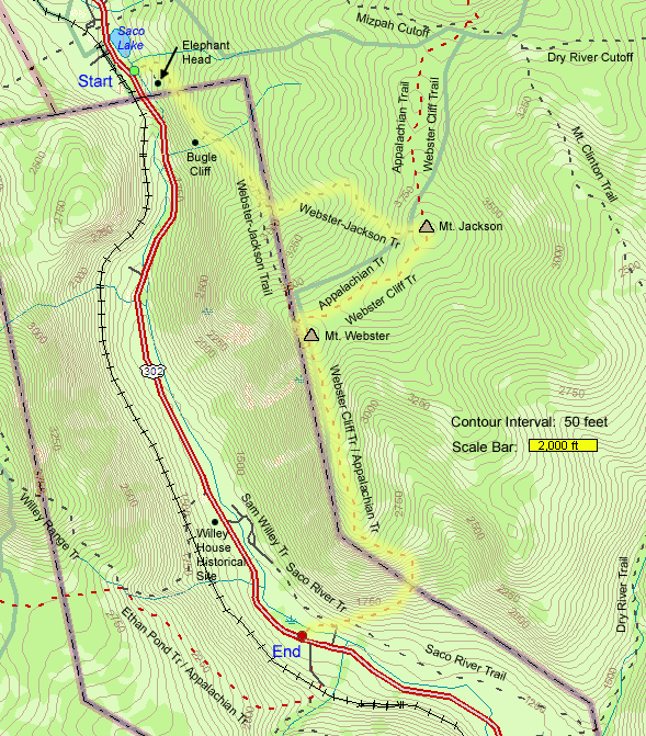 Trail map of hike route to Mount Jackson, Mount Webster, and Webster Cliffs (map by Webmaster)