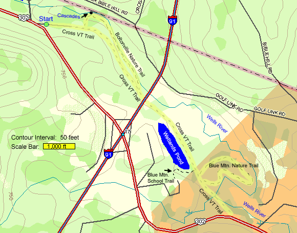 Trail map of hike route along Wells River on Cross Vermont Trail and adjacent paths (map by Webmaster)