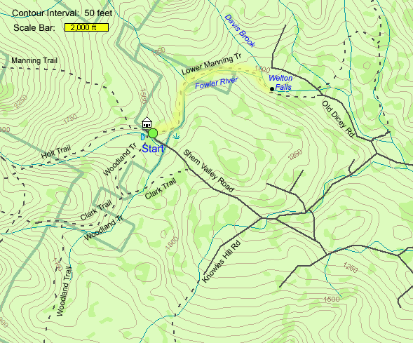 Trail map of hike route to Welton Falls via Manning Trail (map by Webmaster)