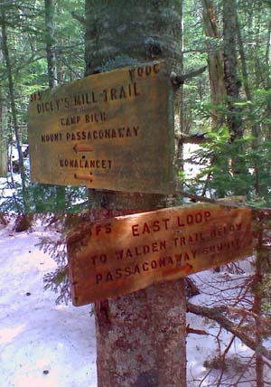 Trail signs at the junction of Dicey's Mill Trail and East Loop (photo by Bill Mahony)