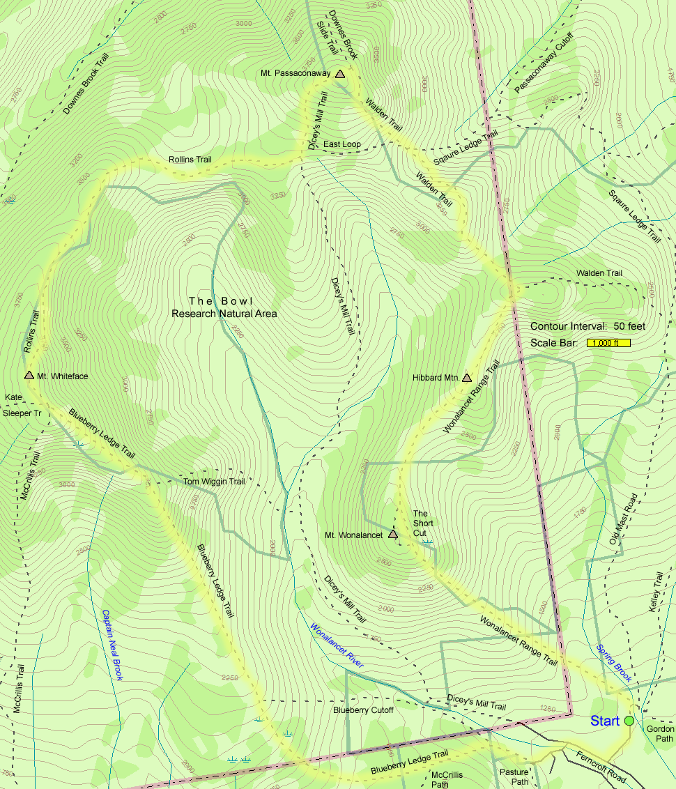 Trail map of hike route around The Bowl to Mt. Whiteface, Mt. Passaconaway, and Hibbard Mtn. (map by Webmaster)