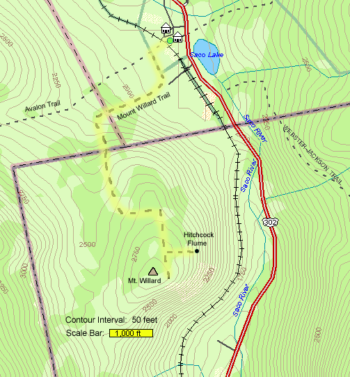 Map of hike route to Mount Willard and Hitchcock Flume (map by Webmaster)