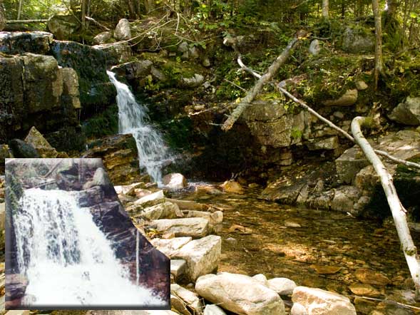Falls and Centennial Pool in September (main photo) and the falls in May (inset) (photo by Webmaster)
