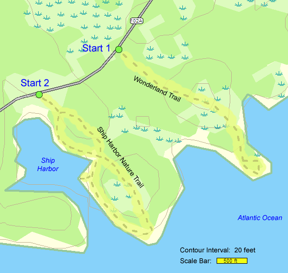 Trail map of hike route to Wonderland and Ship Harbor (map by Webmaster)