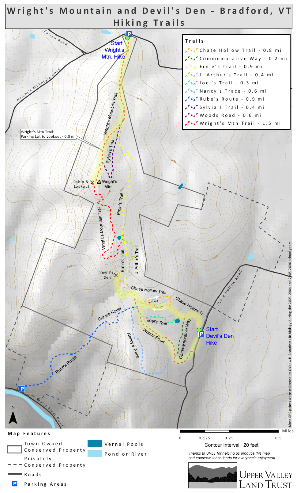 Trail map of hike route to Wright's Mtn. and Devil's Den (map courtesy of Upper Valley Land Trust)