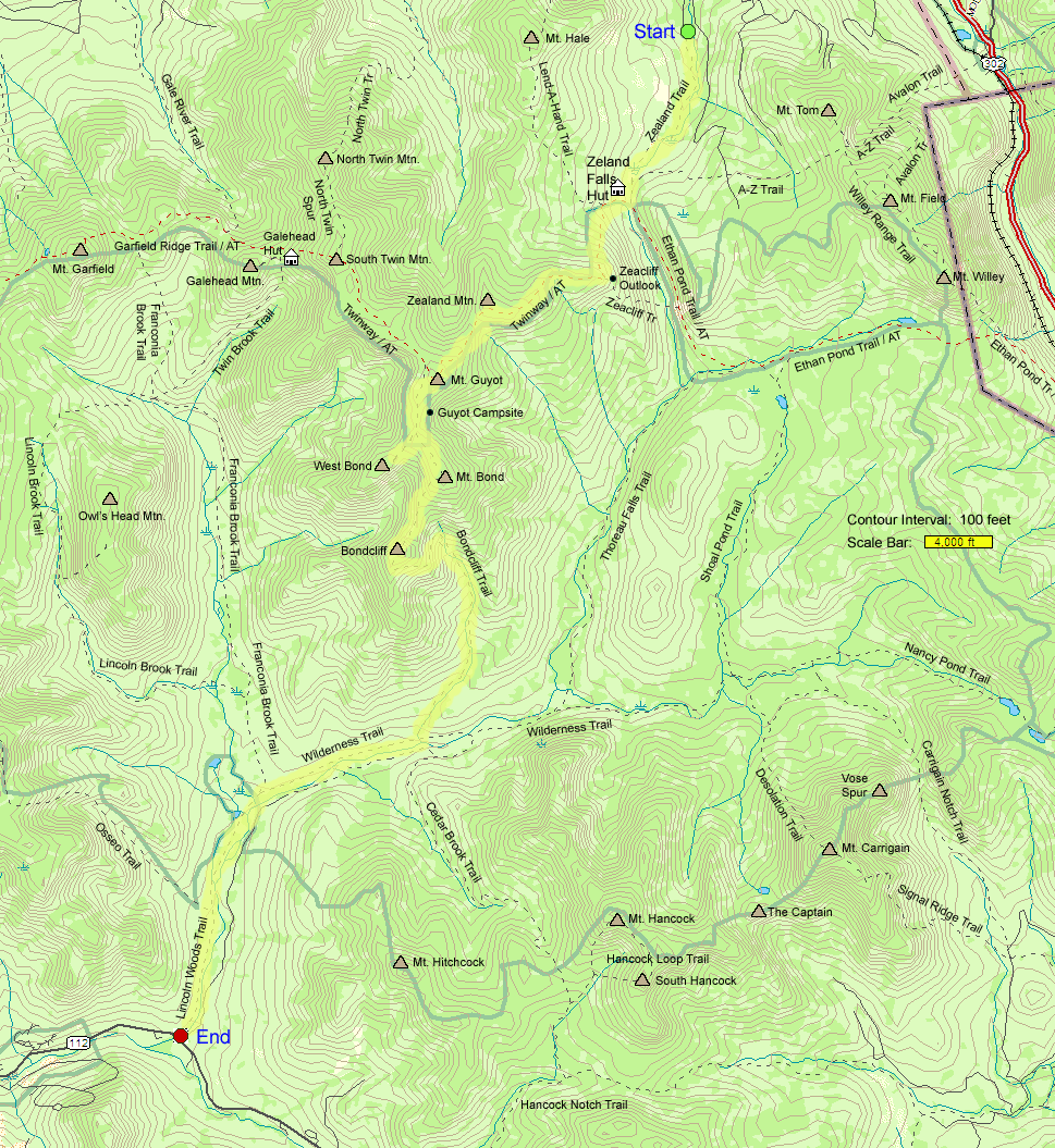 Trail map of hike route to Zealand, Guyot, and the Bonds (map by Webmaster)