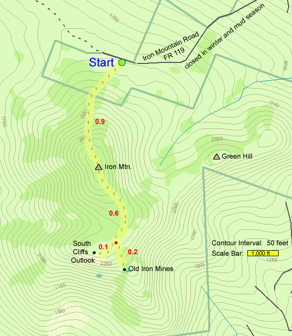 Trail map of hike route to Iron Mountain summit, Iron Mountain South Cliffs, and old iron mines (map by Webmaster)
