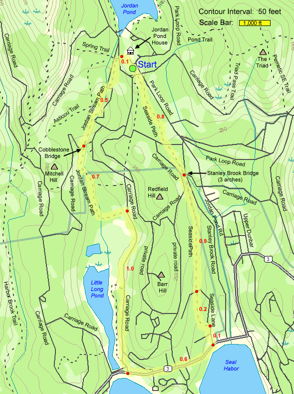 Trail map of hike route to Seal Harbor Beach and Little Long Pond (map by Webmaster)