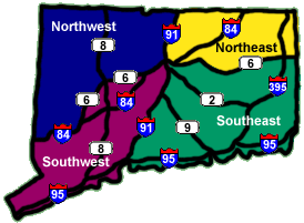Map of Connecticut regions and highways (map by Webmaster)