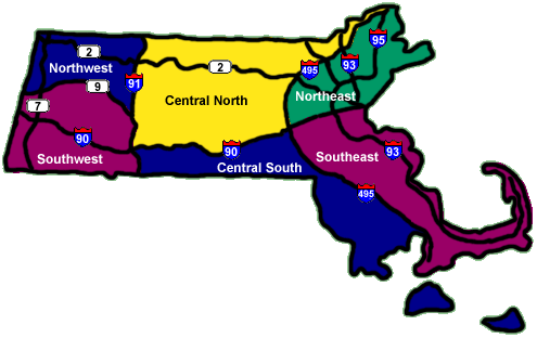 Map of Massachusetts regions and highways (map by Webmaster)