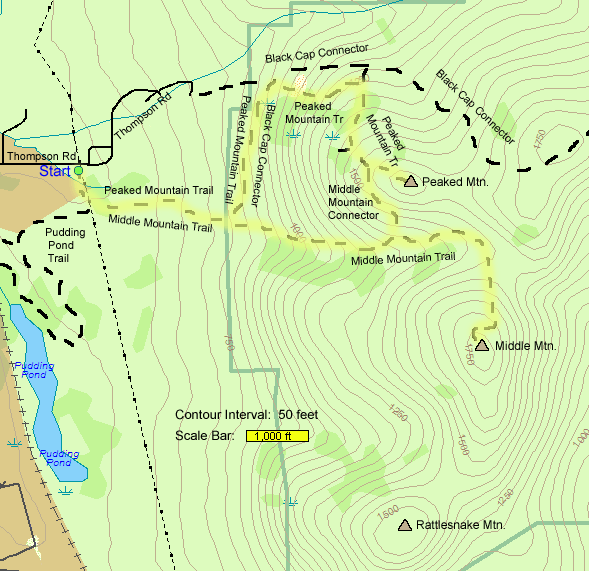 Map of hike route to Peaked and Middle Mountains (map by Webmaster)