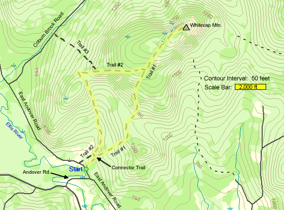 Map of hike route on Rumford Whitecap Mountain (map by Webmaster)